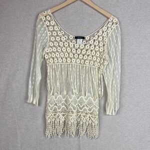 Deb Womens Crochet Fringe Top Size S Boho Festival Sheer Mesh Country Western
